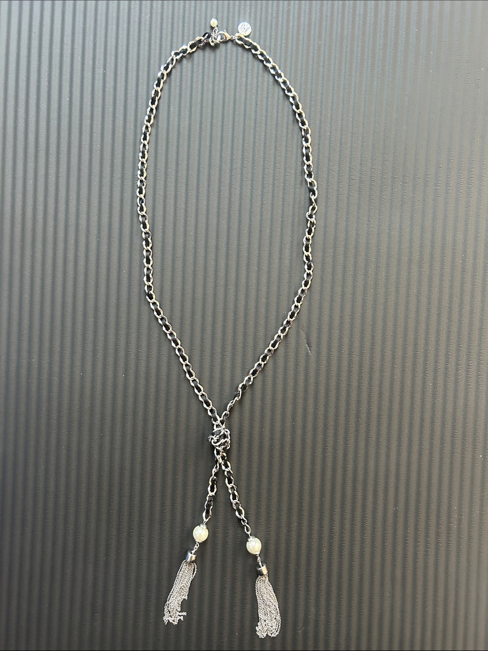 WHBM Long Silvertone and Black Leather Chain Necklace with Faux Pearl Tassels
